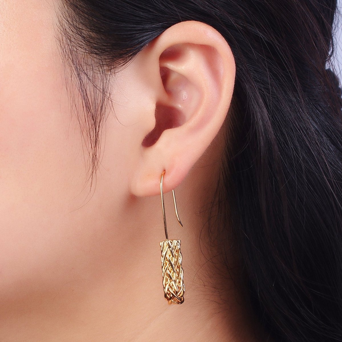 Gold Twisted Crescent U Long French Hook Minimalist Earrings | Y-150 - DLUXCA
