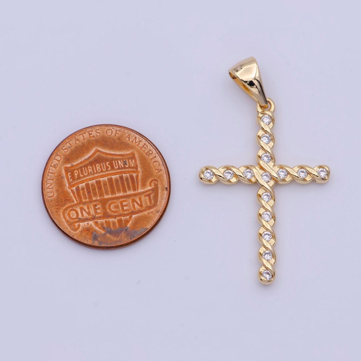 Gold Twisted Cross Round Cubic Zirconia Pendant For Religious Jewelry Making | X-498 - DLUXCA