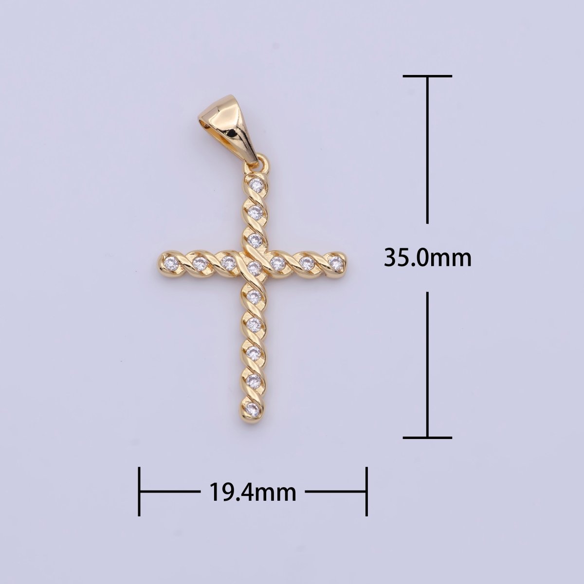 Gold Twisted Cross Round Cubic Zirconia Pendant For Religious Jewelry Making | X-498 - DLUXCA