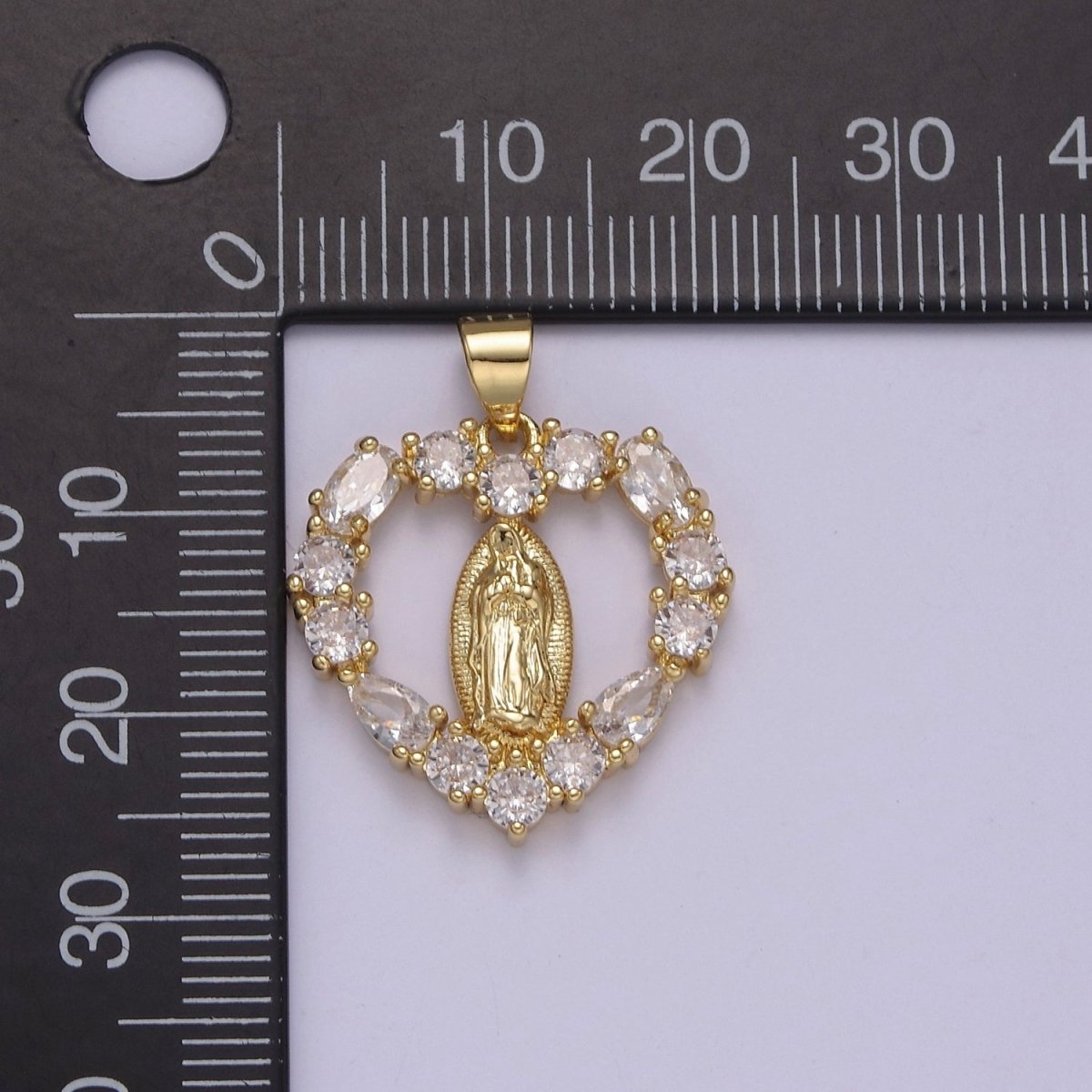 Gold Virgin Mary On Heart Emblem Shape Pendant Religious Charm Lady Guadalupe Pave Pendant, Dainty Gold Charm J-357 - DLUXCA