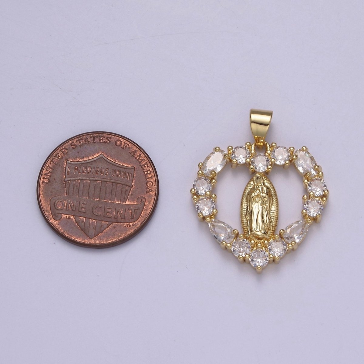 Gold Virgin Mary On Heart Emblem Shape Pendant Religious Charm Lady Guadalupe Pave Pendant, Dainty Gold Charm J-357 - DLUXCA