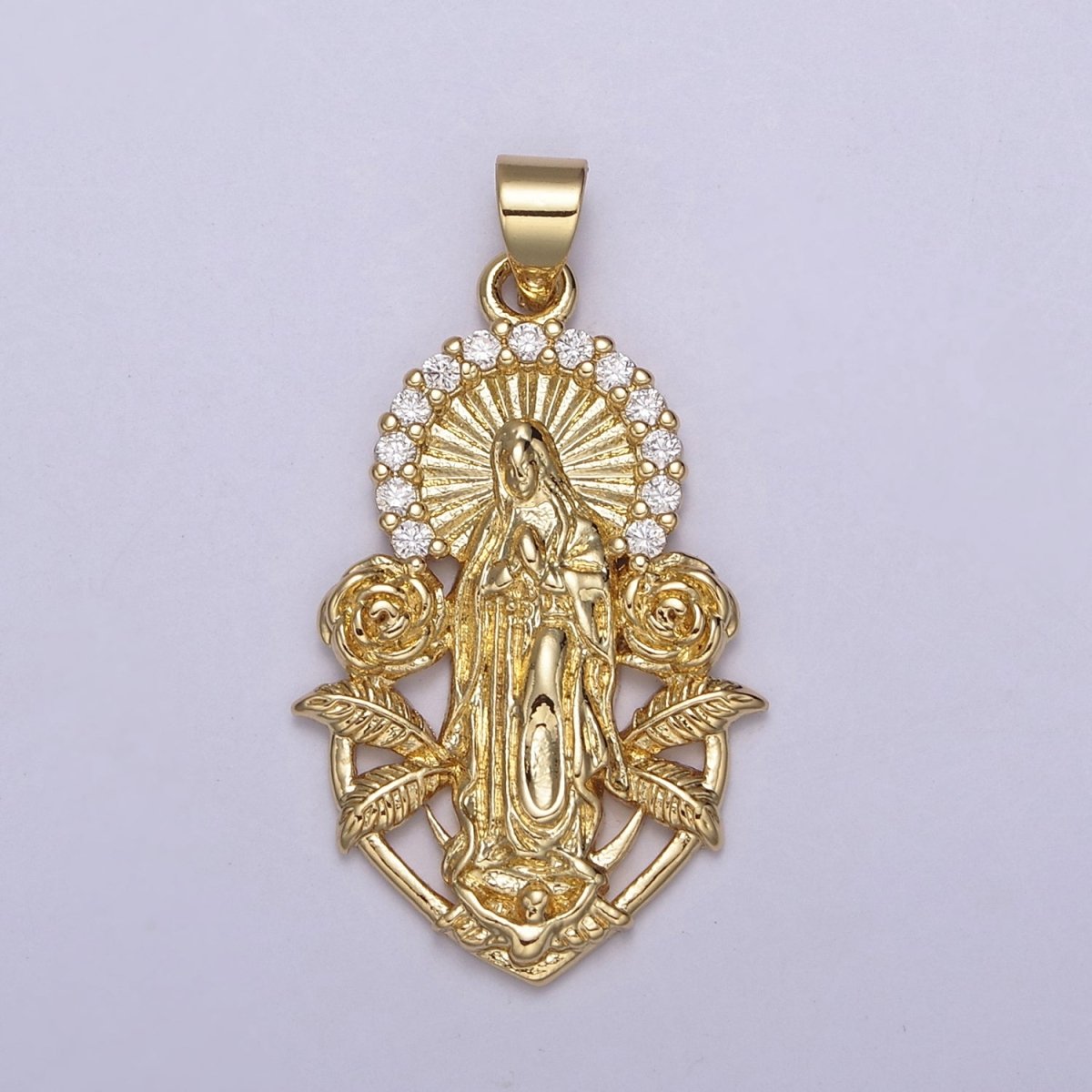 Gold Virgin Mary Our Lady Of Guadalupe Divine Mercy Rose Flower Medallion Pendant for Necklace Making Supply H-800 - DLUXCA
