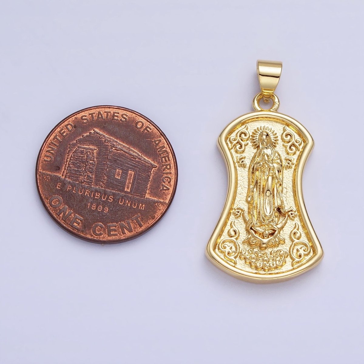 Gold Virgin Mother Mary Geometric Textured Curved Religious Pendant | AA233 - DLUXCA