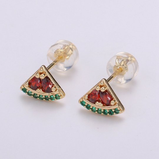 Gold Watermelon Stud Earrings, CZ Watermelon Studs, Tropical Summer Jewellery, Fruit Earrings, Minimalist Earrings, Earrings for Girls P-011 - DLUXCA