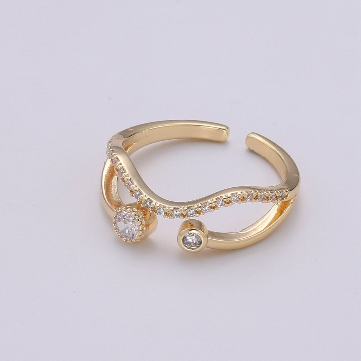 Gold wave ring, Micro Pave Open Ring Gold Vermeil ring, Dainty wave ring Micro Pave Stacking rings, Cz gold wave R-148 - DLUXCA