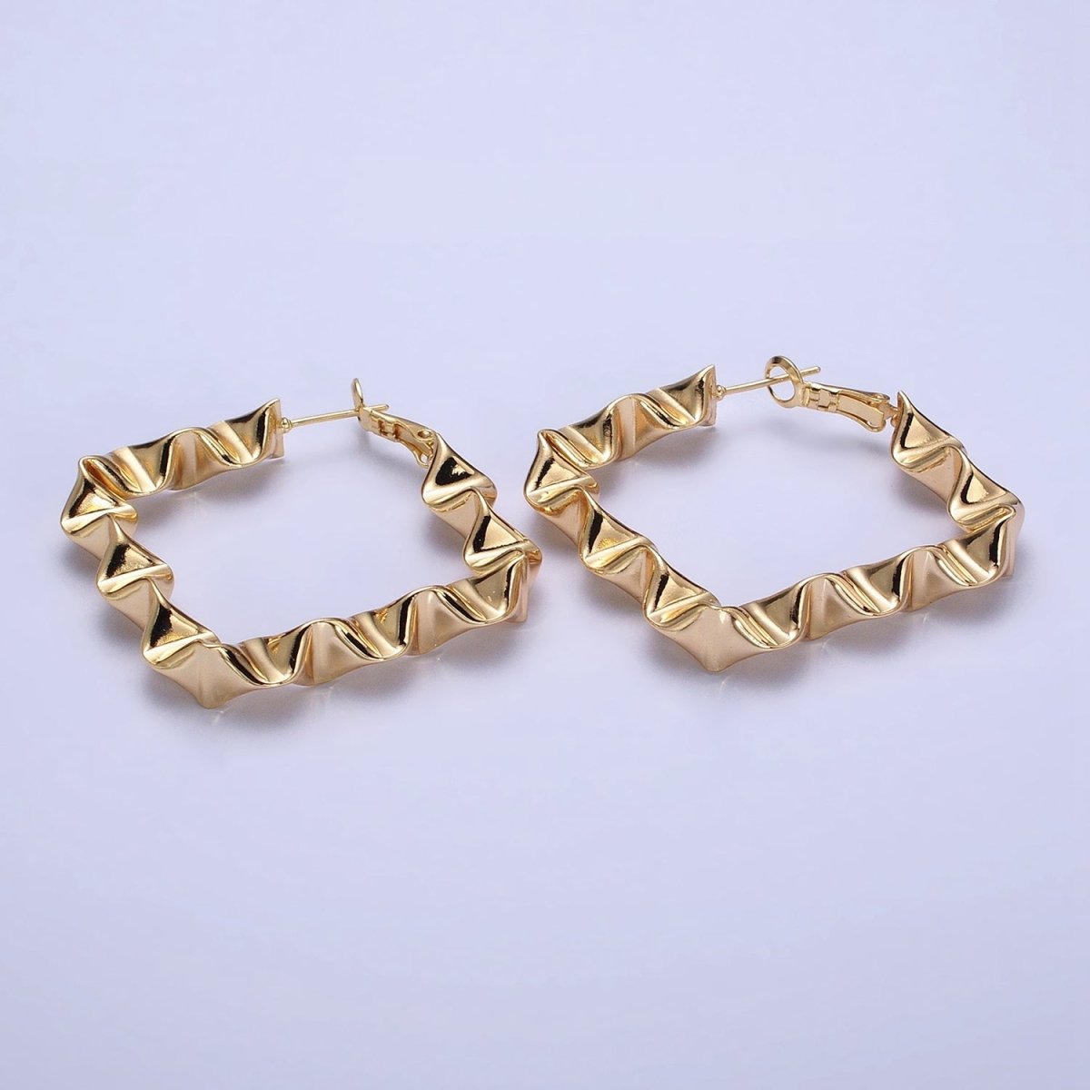 Gold Wavy Rhombus Hoops Lever Back Hoops Statement Gold Hoops 16K Gold Filled Earring 41mm AD996 AD997 - DLUXCA