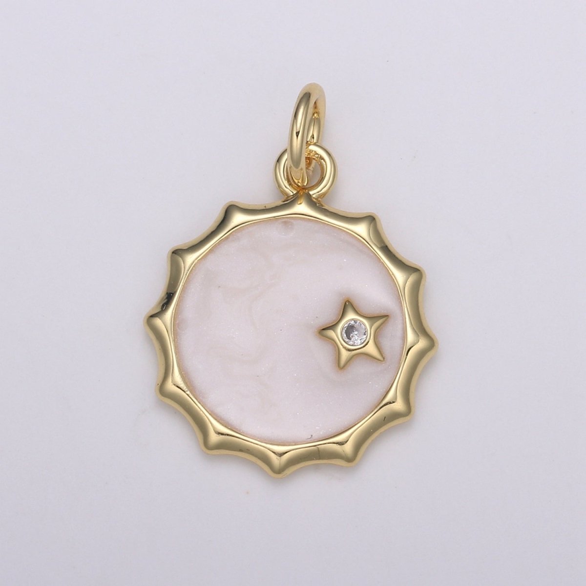 Gold White Enamel Moon and Solitaire Star CZ Charms, Cubic Arion charm in Round Disc Charm Medallion for Necklace E-188 - DLUXCA