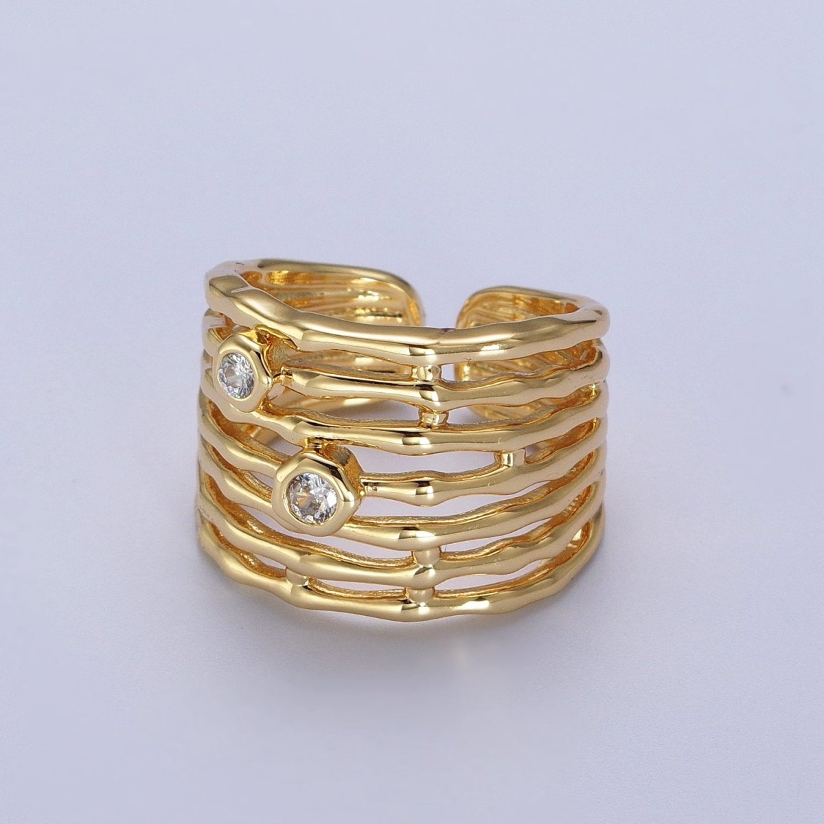 Gold Wide Multiple Bamboo Geometric CZ Band Statement Ring | Y-370 - DLUXCA