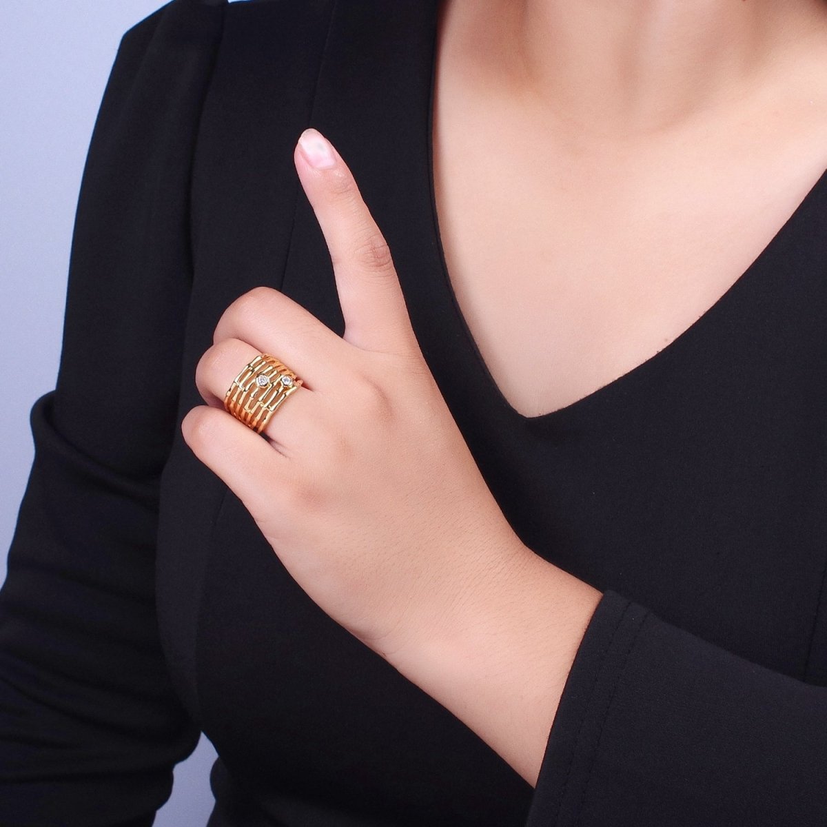 Gold Wide Multiple Bamboo Geometric CZ Band Statement Ring | Y-370 - DLUXCA