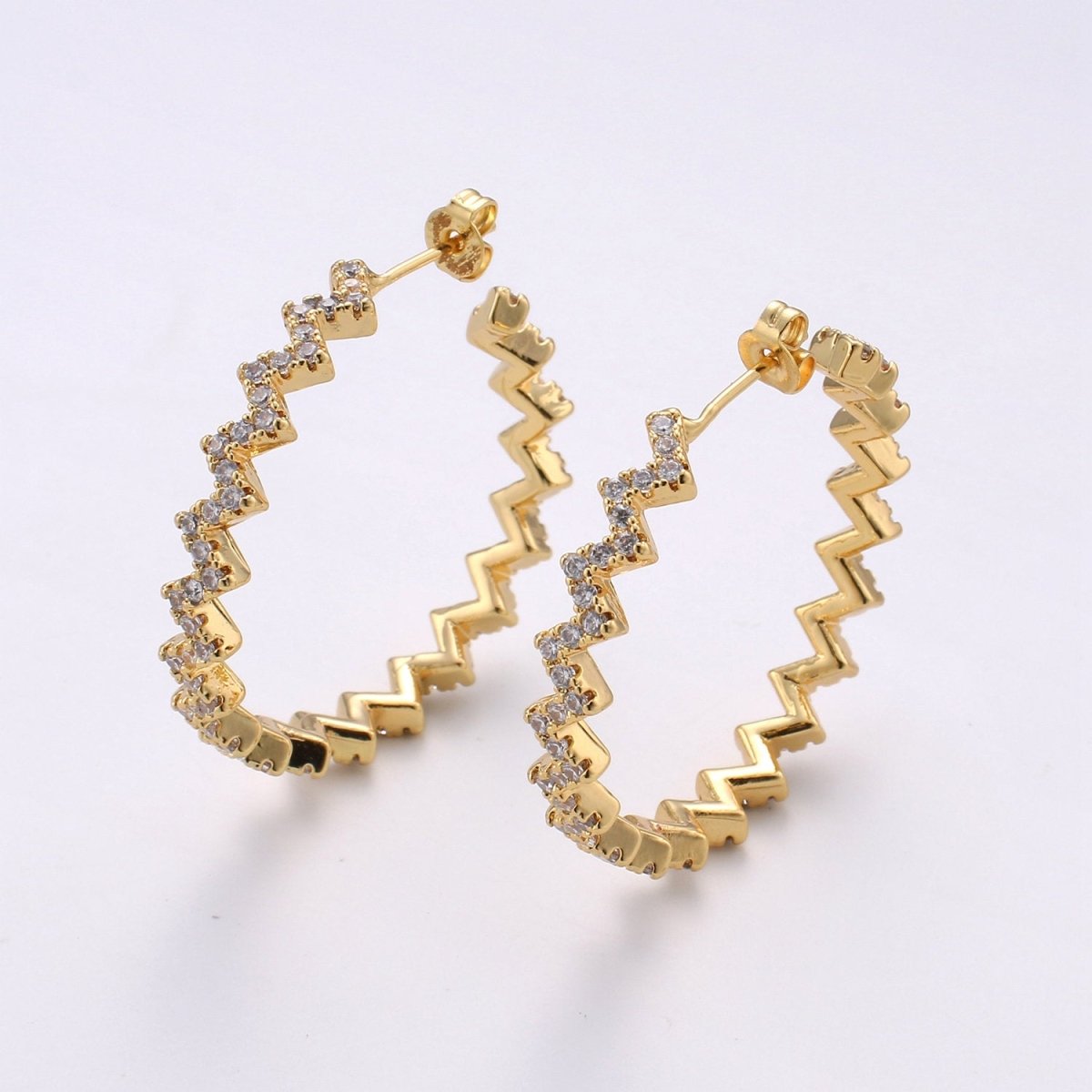 Gold Zig-Zag Hoop Earrings, Ziggy Open Hoop Earring Chevron Micro Pave Earring 14k Gold Filled Earring K-570 K-571 - DLUXCA