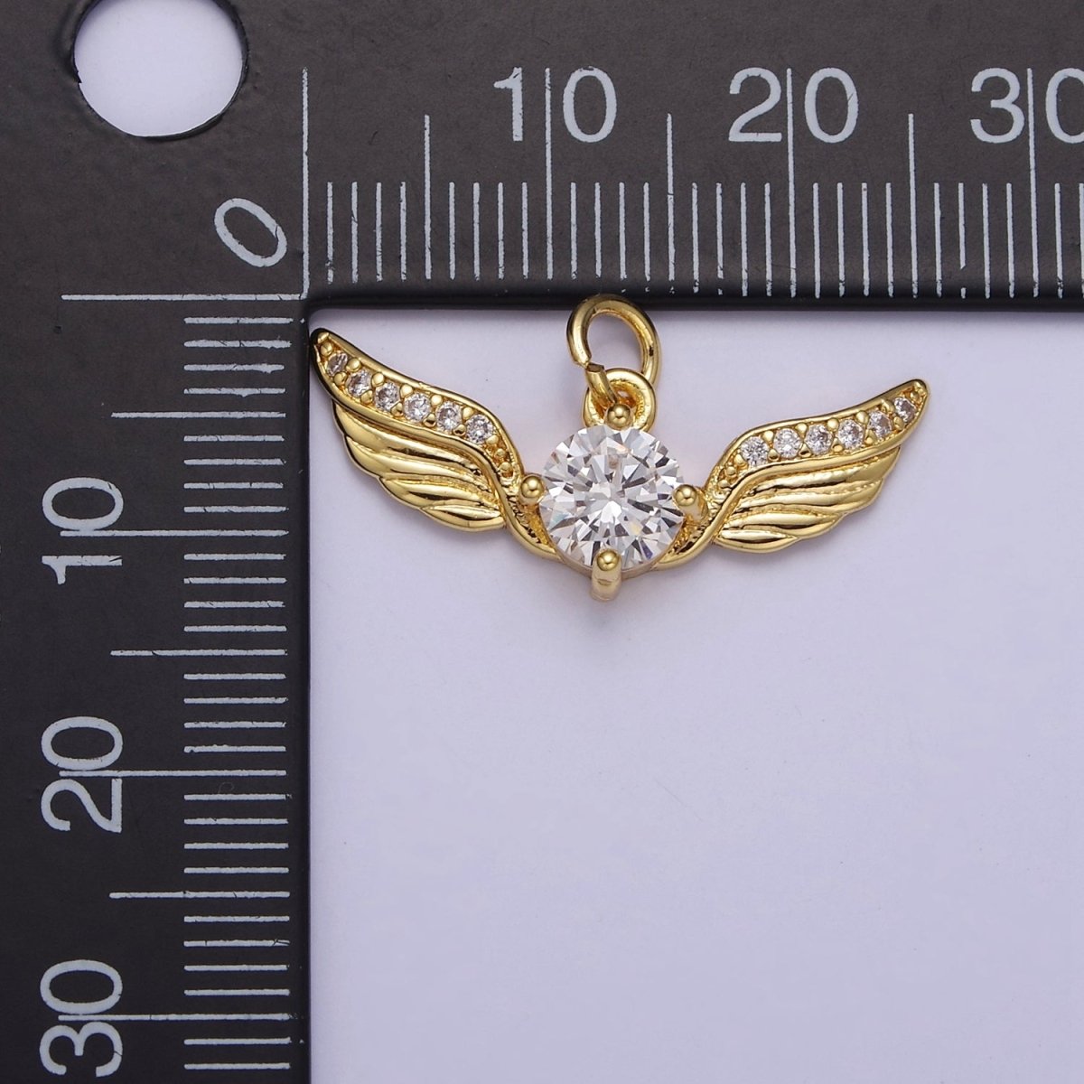 Golden Angel Wing with Round Cubic Zirconia CZ, Feather Wing Charm For Jewelry Necklace Bracelet Making E-747 - DLUXCA