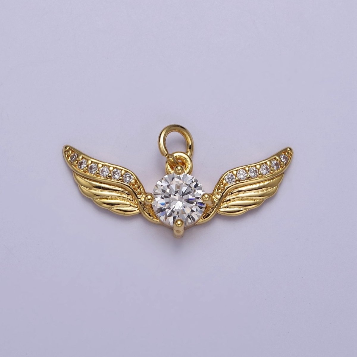 Golden Angel Wing with Round Cubic Zirconia CZ, Feather Wing Charm For Jewelry Necklace Bracelet Making E-747 - DLUXCA