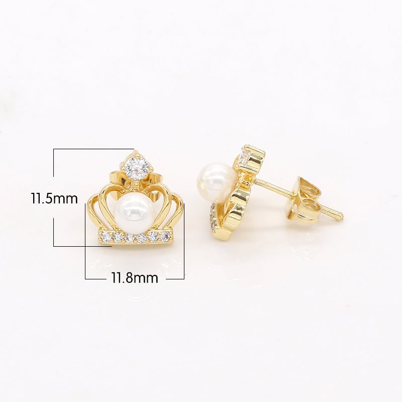 Golden Crown Studs Earring CZ King Queen Prince Emperor Micro Pave Faux Pearl Earring Jewelry GP-758 - DLUXCA