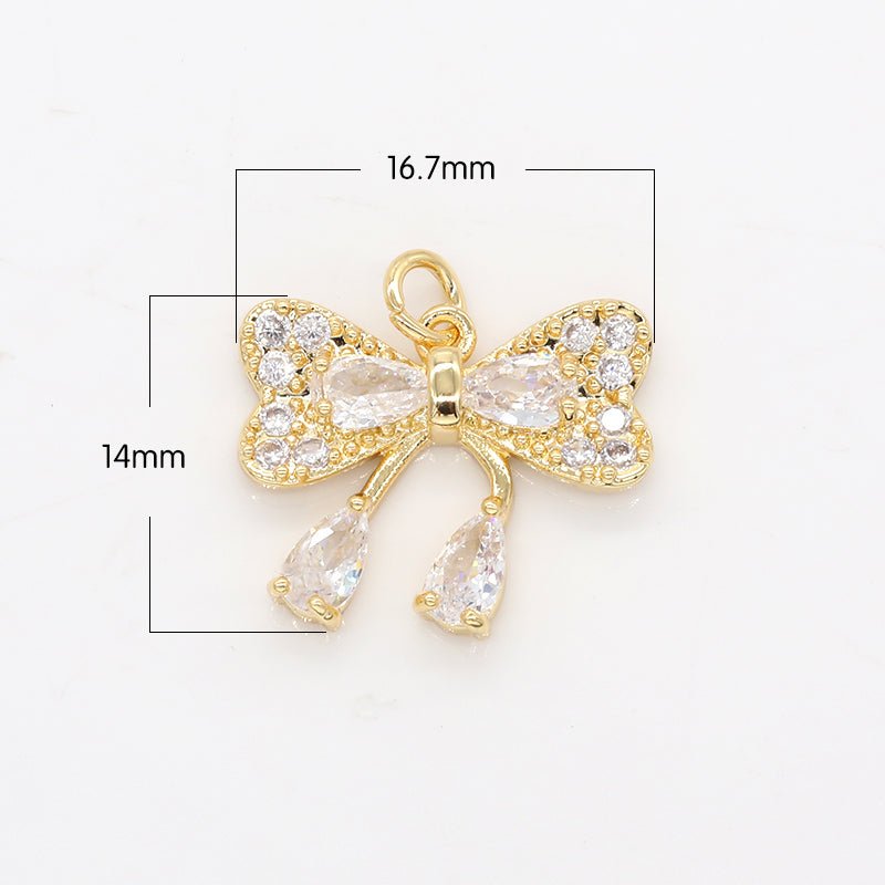 Golden Crystal Bowtie Charm CZ Gold Plated Clothing Ribbon Micro Pave Charm Pendant GP-249 - DLUXCA