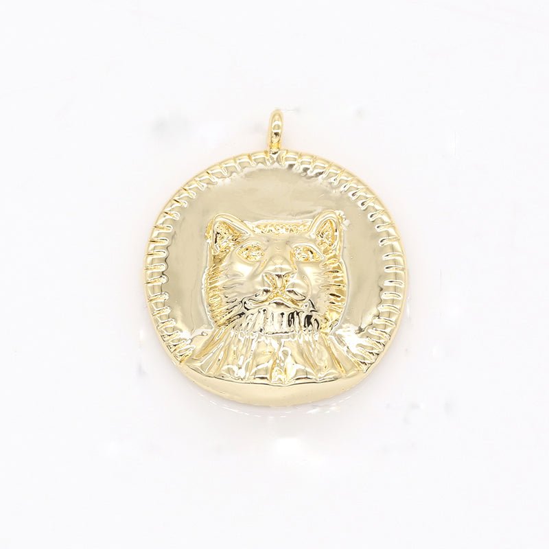 Golden Cute Meow Cat Head Face Rustic Coin Charm, Gold Plated Celestial Chinese Horoscope Medallion GP-127 - DLUXCA