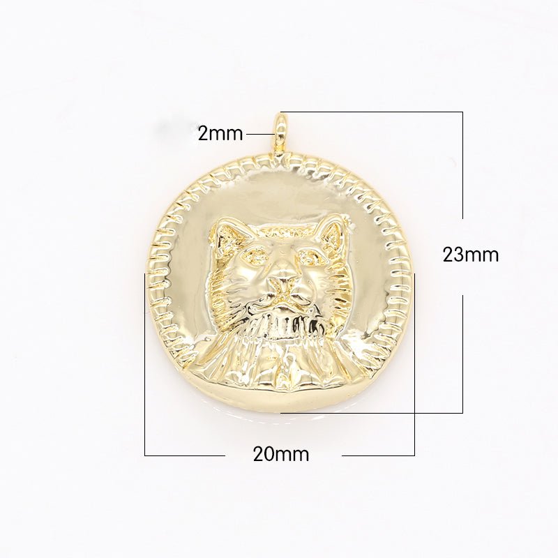 Golden Cute Meow Cat Head Face Rustic Coin Charm, Gold Plated Celestial Chinese Horoscope Medallion GP-127 - DLUXCA