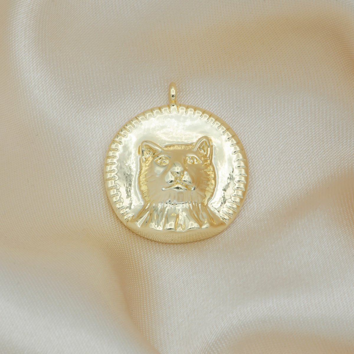 Golden Cute Meow Cat Head Face Rustic Coin Charm, Gold Plated Celestial Chinese Horoscope Medallion GP-127 - DLUXCA