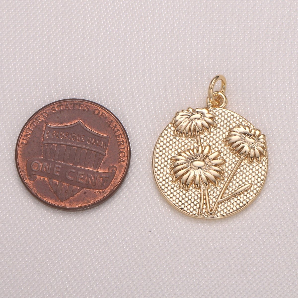 Golden Daisy Flower Medal Rustic Coin Charm, Gold Plated Floral Nature Medallion Charm Pendant GP-943 - DLUXCA