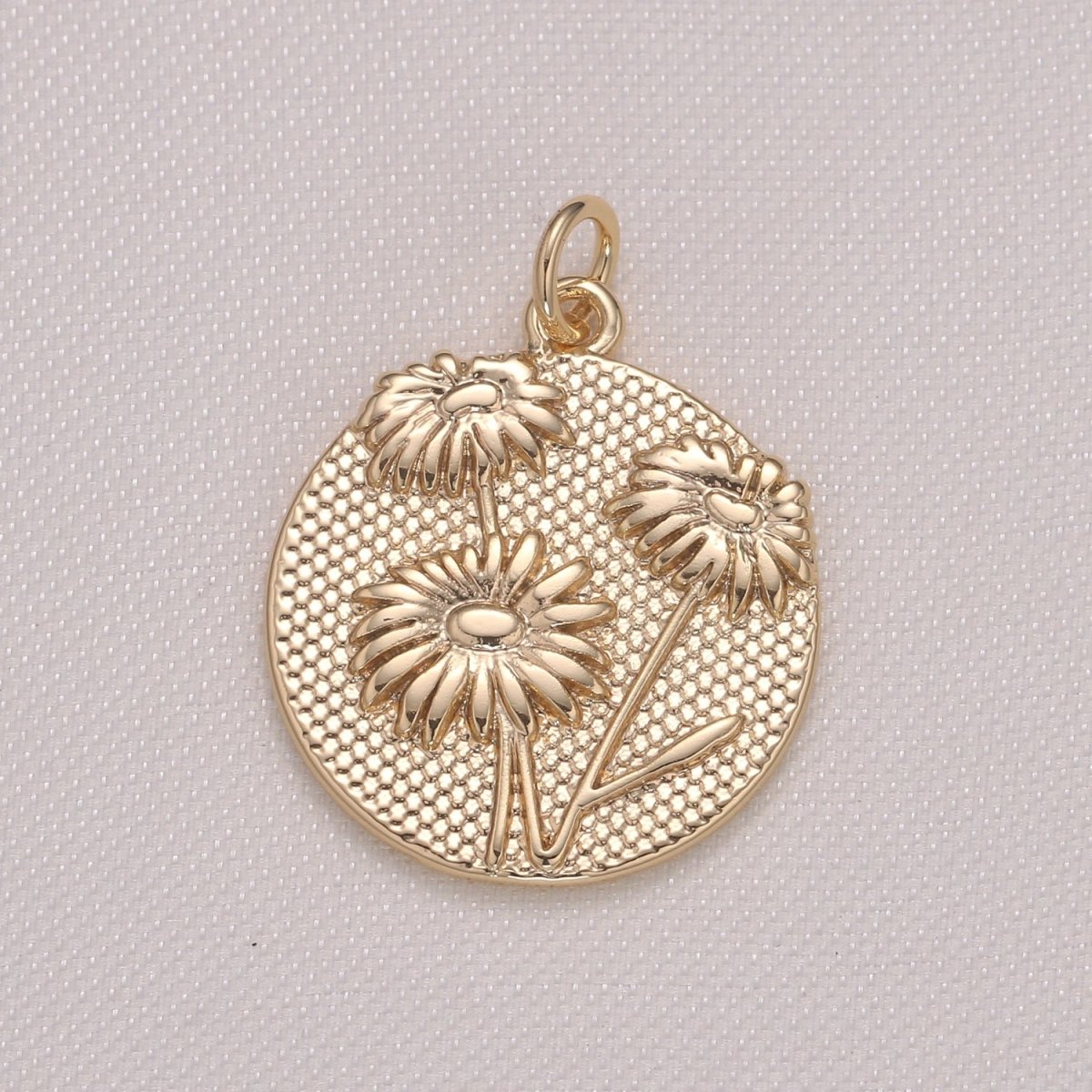 Golden Daisy Flower Medal Rustic Coin Charm, Gold Plated Floral Nature Medallion Charm Pendant GP-943 - DLUXCA