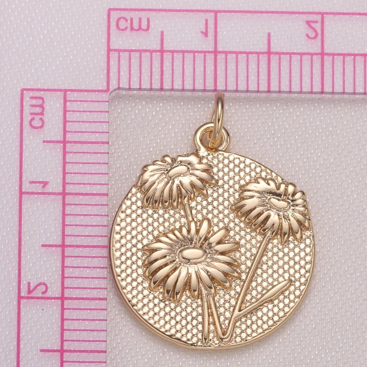 Golden Daisy Flower Medal Rustic Coin Charm, Gold Plated Floral Nature Medallion Charm Pendant GP-943 - DLUXCA