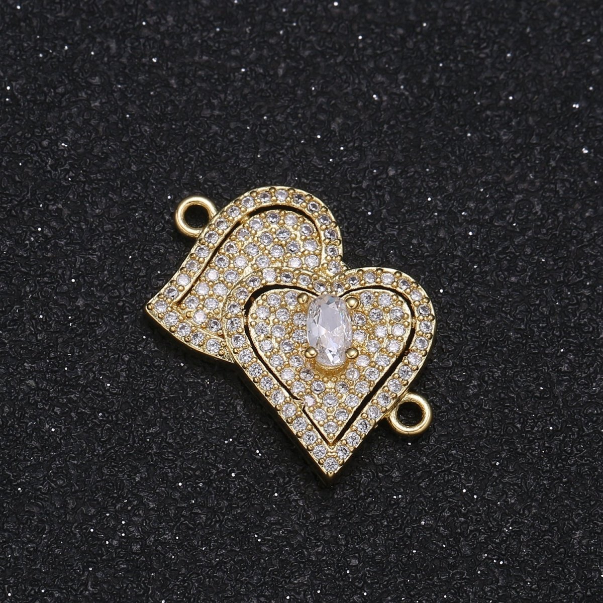 Golden Double Zirconia Heart Connector CZ Loving Couple Heart Micro Pave Jewelry Supply Component GP-033 - DLUXCA