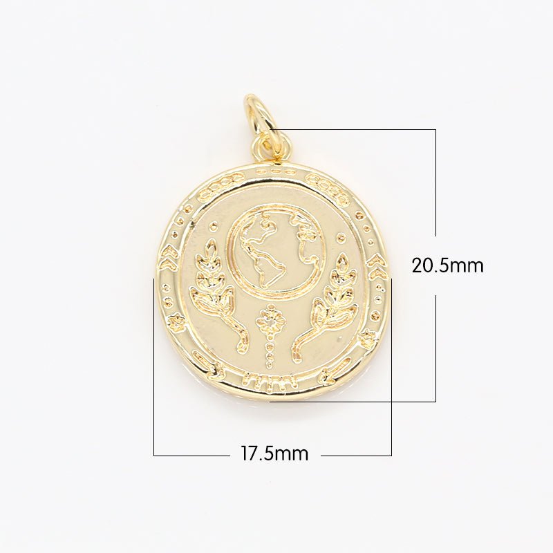Golden Earth Universe Ornament Coin Charm, Gold Plated Earth Beauty Nature Medallion Charm Pendant GP-133 - DLUXCA