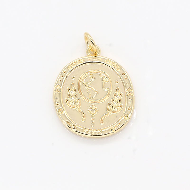 Golden Earth Universe Ornament Coin Charm, Gold Plated Earth Beauty Nature Medallion Charm Pendant GP-133 - DLUXCA