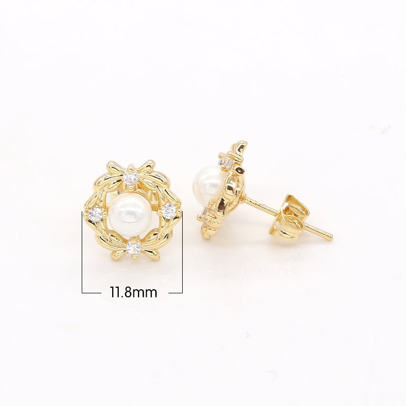 Golden Floral Circle Studs Earring CZ Geometric Nature Earring Faux Pearl Jewelry GP-754 - DLUXCA