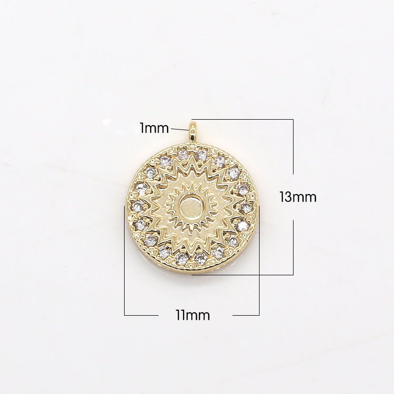 Golden Gear Rustic Coin Charm CZ Geometric Round Shape Micro Pave Charm Pendant GP-302 - DLUXCA