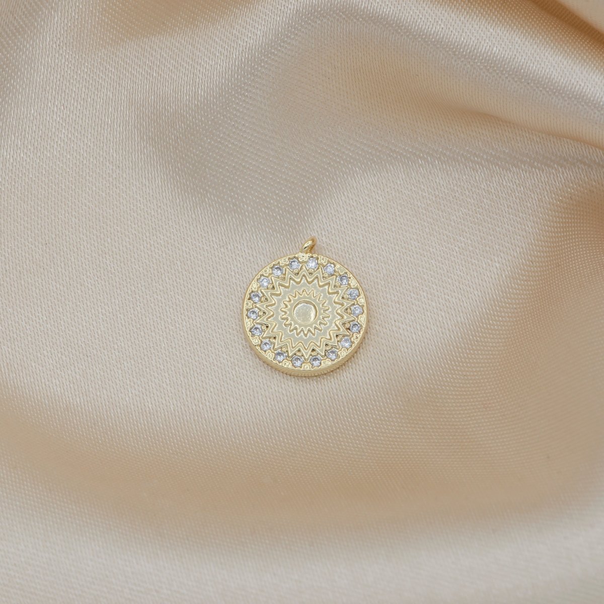 Golden Gear Rustic Coin Charm CZ Geometric Round Shape Micro Pave Charm Pendant GP-302 - DLUXCA