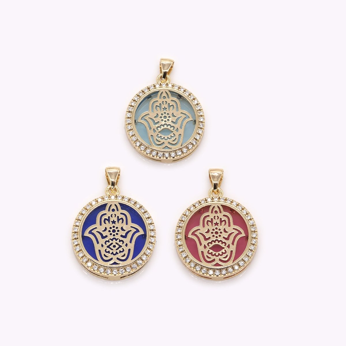 Golden Hamsa Flower in Circle Round Charm CZ Gold Plated Geometric Shape Micro Pave Charm Pendant GP-383 GP-373 GP-384 - DLUXCA