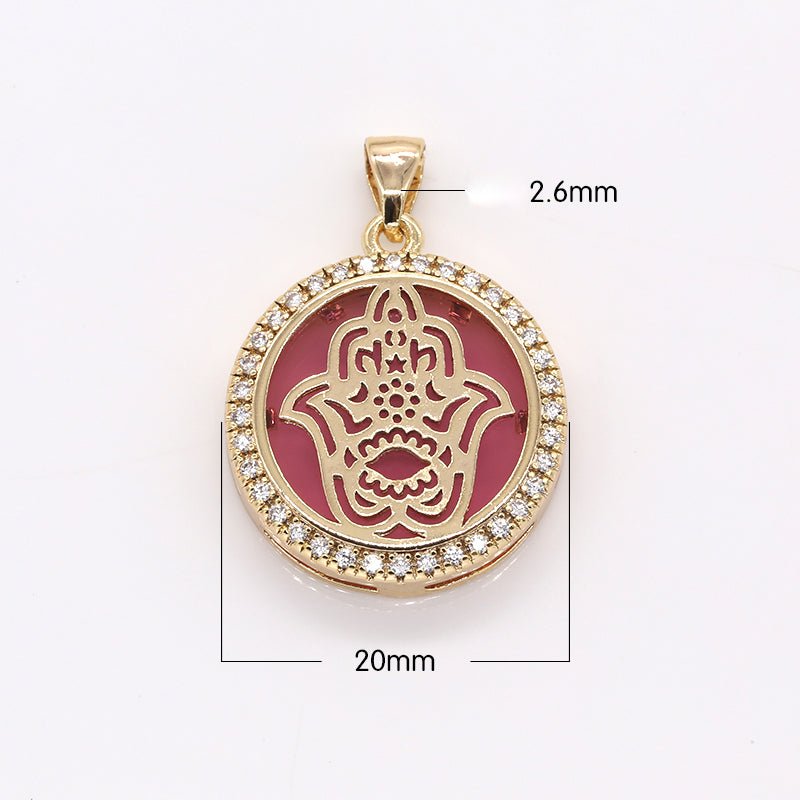 Golden Hamsa Flower in Circle Round Charm CZ Gold Plated Geometric Shape Micro Pave Charm Pendant GP-383 GP-373 GP-384 - DLUXCA