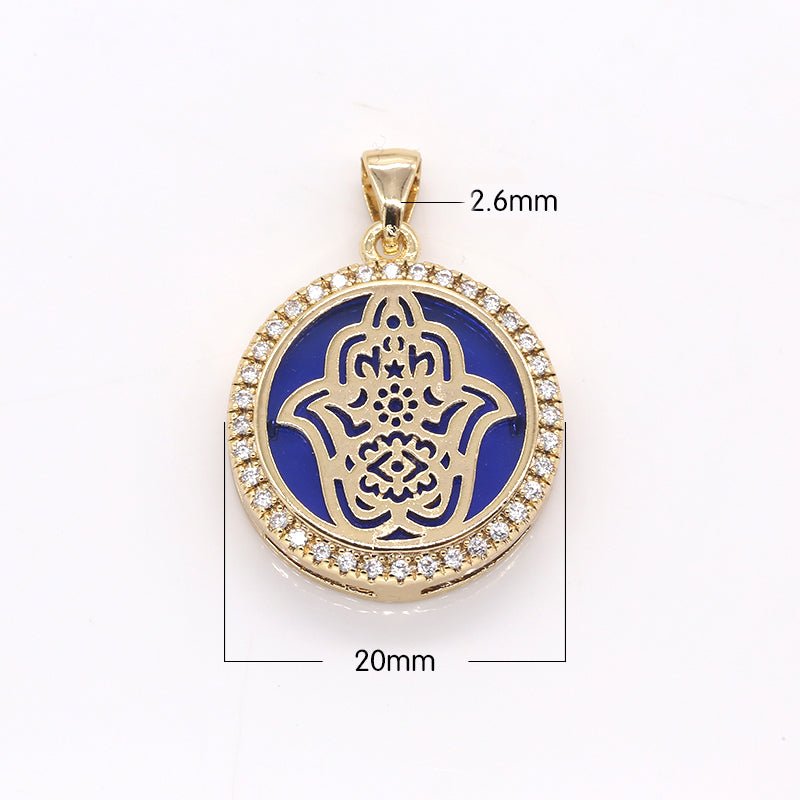 Golden Hamsa Flower in Circle Round Charm CZ Gold Plated Geometric Shape Micro Pave Charm Pendant GP-383 GP-373 GP-384 - DLUXCA