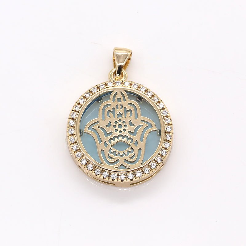 Golden Hamsa Flower in Circle Round Charm CZ Gold Plated Geometric Shape Micro Pave Charm Pendant GP-383 GP-373 GP-384 - DLUXCA