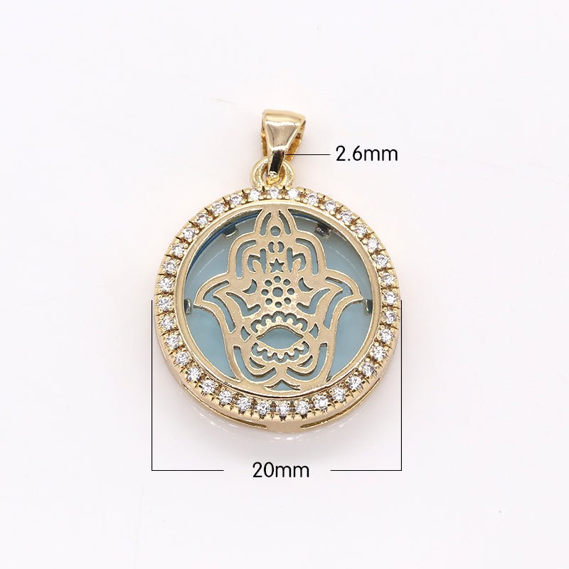 Golden Hamsa Flower in Circle Round Charm CZ Gold Plated Geometric Shape Micro Pave Charm Pendant GP-383 GP-373 GP-384 - DLUXCA