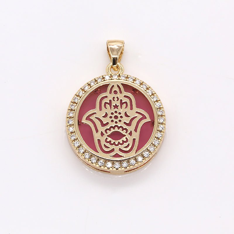 Golden Hamsa Flower in Circle Round Charm CZ Gold Plated Geometric Shape Micro Pave Charm Pendant GP-383 GP-373 GP-384 - DLUXCA