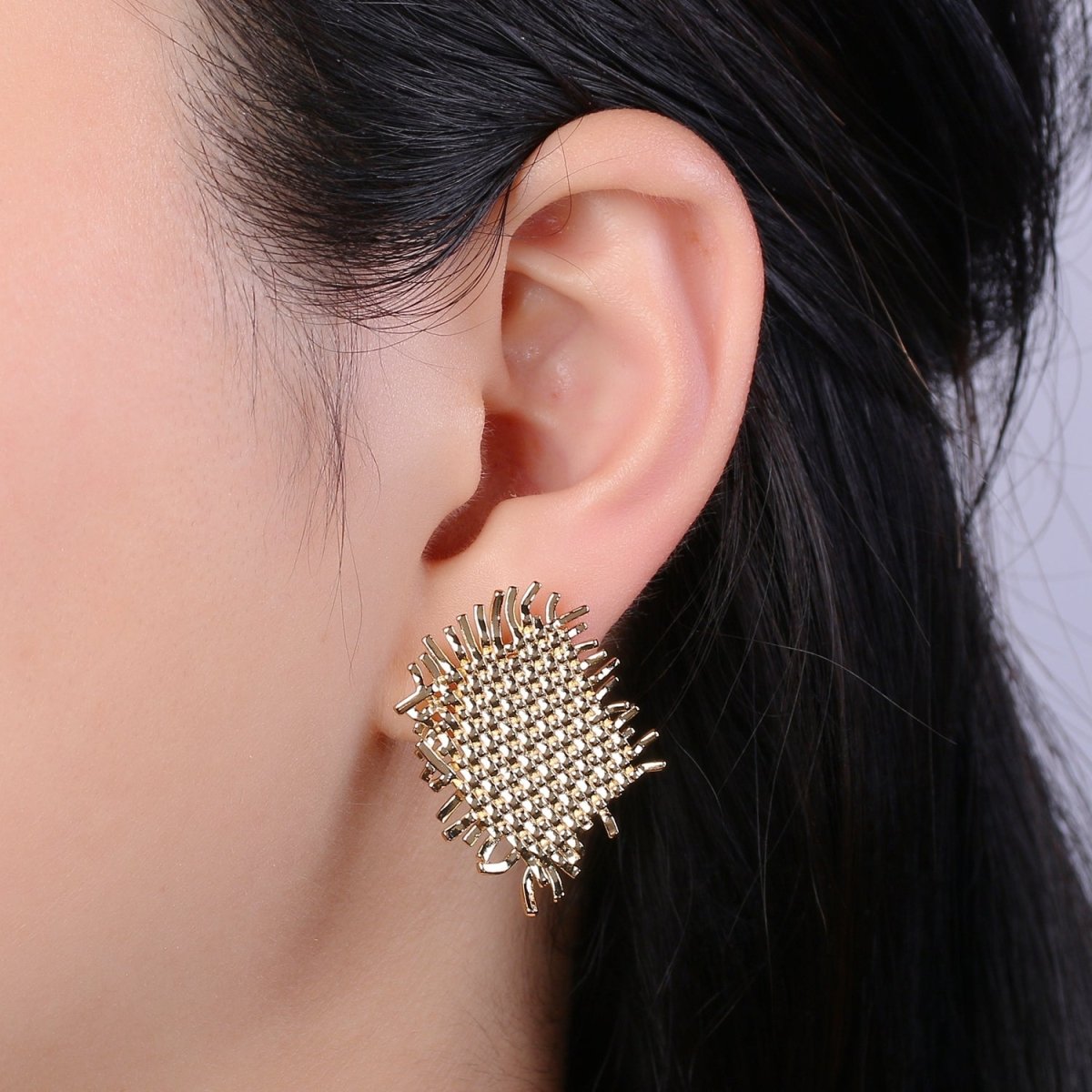 Golden Honey Comb Webbing Braid Studs Earring, Plain Gold Geometric Rectangle Nature Braid Shape Earring Jewelry GP-888 - DLUXCA