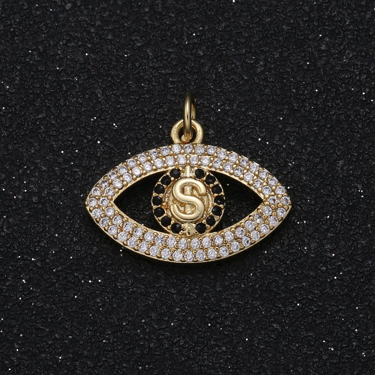 Golden Initial Letter S Evil Eye Charm CZ Money Heist Dollar Micro Pave Charm Pendant GP-069 - DLUXCA