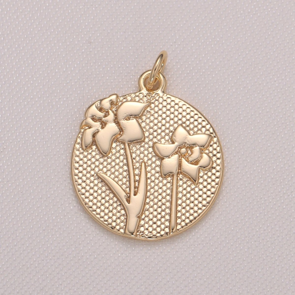 Golden Jasmine Flower Medal Rustic Coin Charm, Gold Plated Floral Nature Medallion Charm Pendant GP-942 - DLUXCA