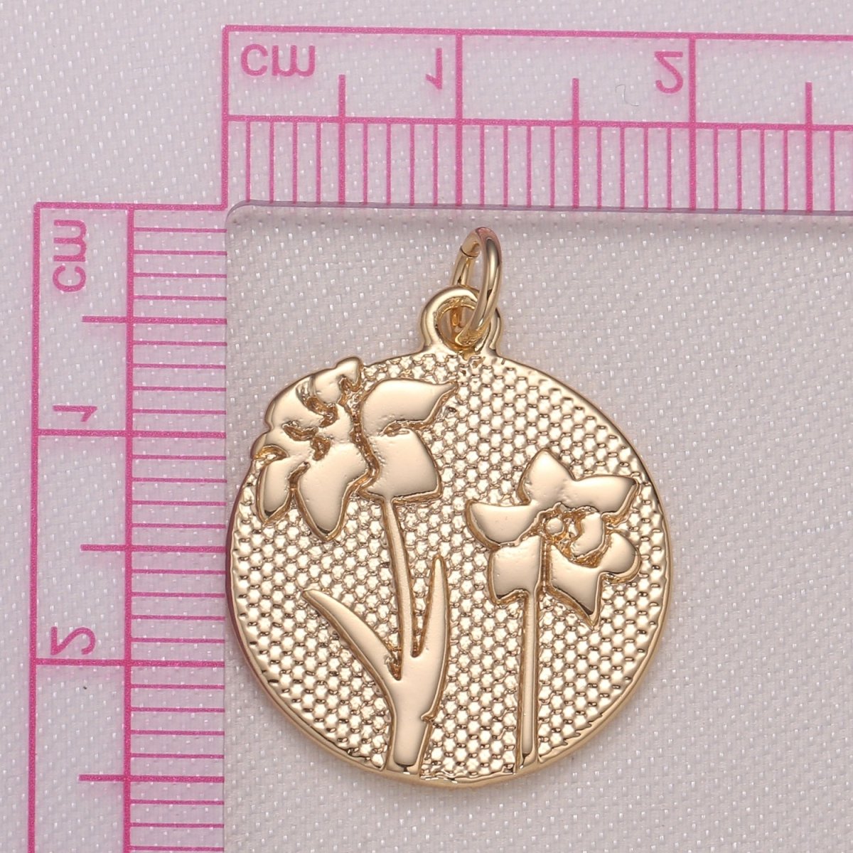 Golden Jasmine Flower Medal Rustic Coin Charm, Gold Plated Floral Nature Medallion Charm Pendant GP-942 - DLUXCA