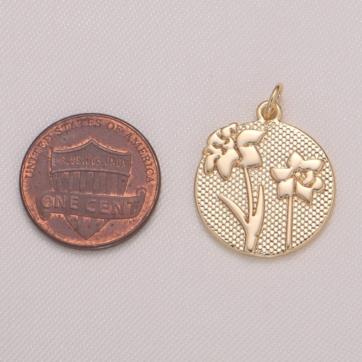 Golden Jasmine Flower Medal Rustic Coin Charm, Gold Plated Floral Nature Medallion Charm Pendant GP-942 - DLUXCA