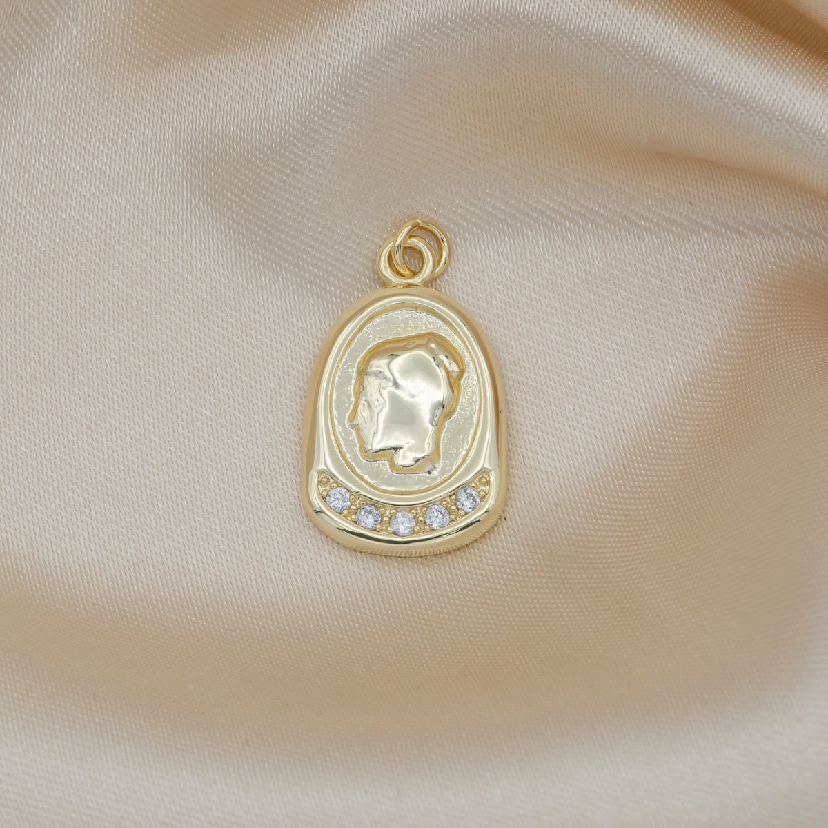 Golden Lady Silhouette Charm CZ Geometric Oval Shape Woman Painting Charm Pendant GP-289 - DLUXCA