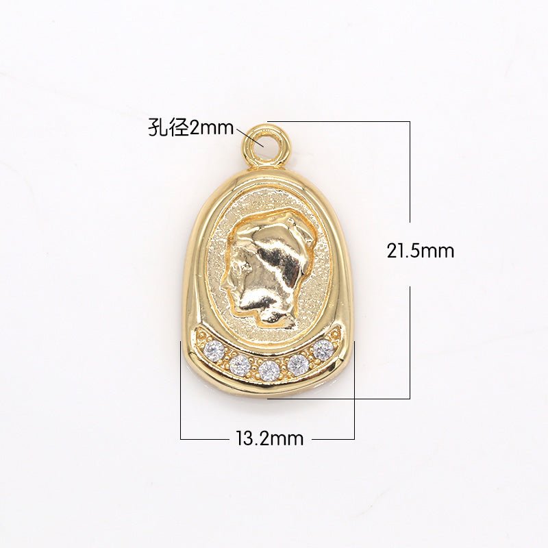 Golden Lady Silhouette Charm CZ Geometric Oval Shape Woman Painting Charm Pendant GP-289 - DLUXCA