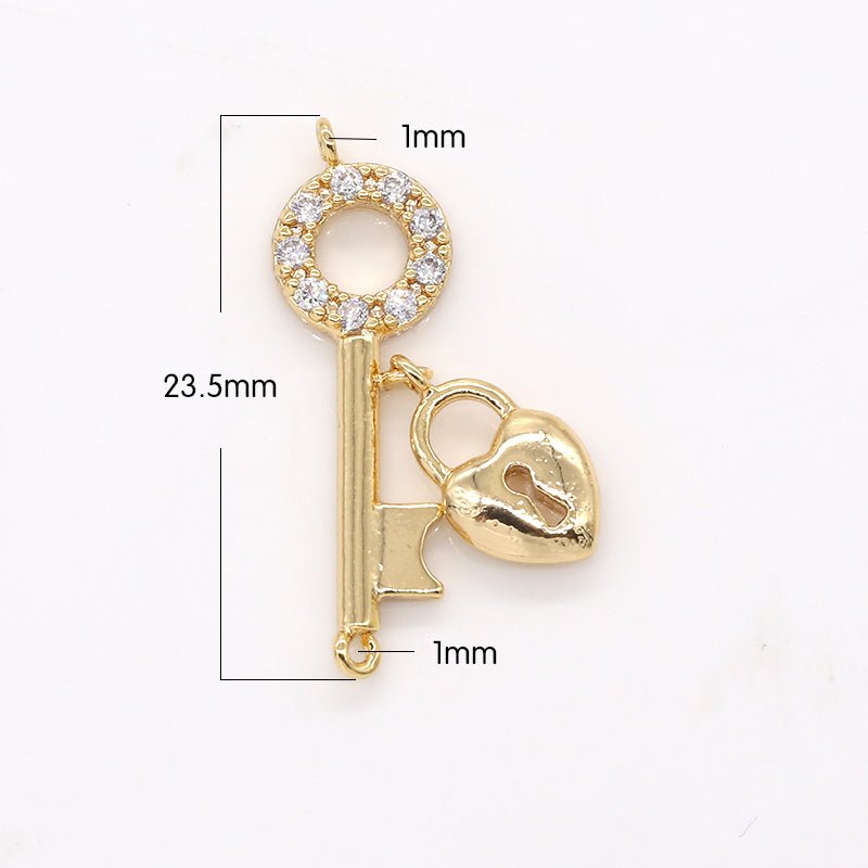 Golden Lock and Key Couple Charm CZ Padlock Key Equipment Micro Pave Charm Pendant GP-624 - DLUXCA