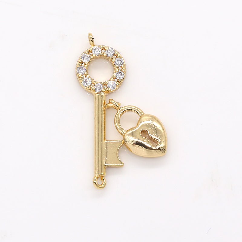 Golden Lock and Key Couple Charm CZ Padlock Key Equipment Micro Pave Charm Pendant GP-624 - DLUXCA