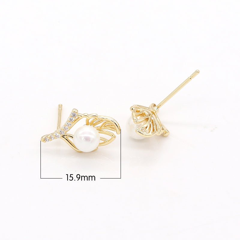 Golden Micro Pave Leaf Frame Studs Earring CZ Geometric Floral Nature Faux Pearl Earring Jewelry GP-755 - DLUXCA