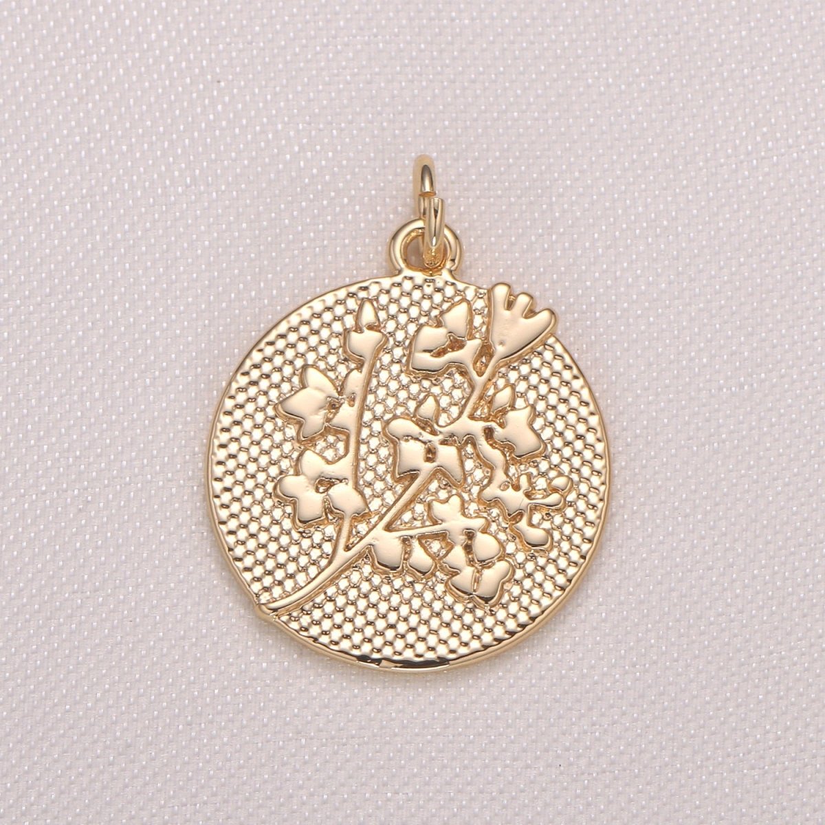 Golden Orchid Flower Medal Rustic Coin Charm, Gold Plated Floral Nature Medallion Charm Pendant GP-944 - DLUXCA