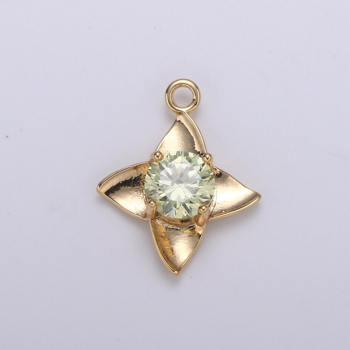 Golden Petal Crystal Bloom Flower Charms Single CZ Stone on Plain Gold Floral Nature Petal Charm Pendant GP-684 GP-704 GP-705 GP-706 GP-707 GP-708 - DLUXCA