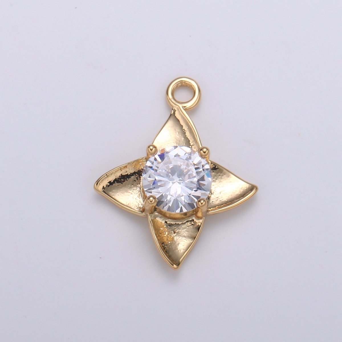 Golden Petal Crystal Bloom Flower Charms Single CZ Stone on Plain Gold Floral Nature Petal Charm Pendant GP-684 GP-704 GP-705 GP-706 GP-707 GP-708 - DLUXCA