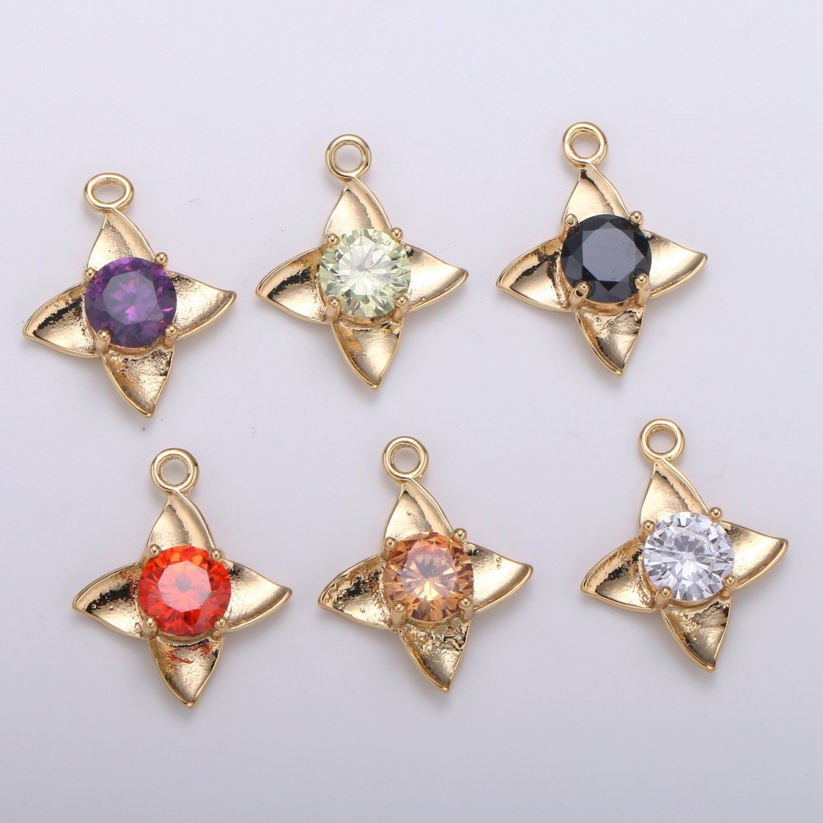 Golden Petal Crystal Bloom Flower Charms Single CZ Stone on Plain Gold Floral Nature Petal Charm Pendant GP-684 GP-704 GP-705 GP-706 GP-707 GP-708 - DLUXCA